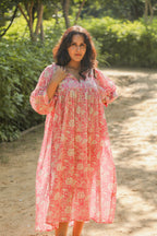 Hand Block Printed Floral Art Peach Handmade Cotton Gift For Her Breathable Midi Dress