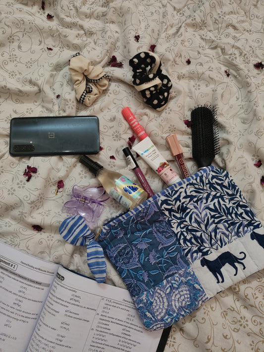 Hand Block Printed Quilted Hand Pouch Bag– Jungle Blue