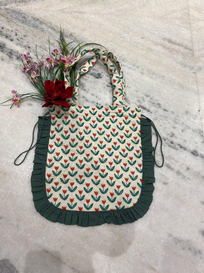 Quilted Hand block Printed Tote Bag with Frill – 100% Cotton | 34x38 cm
