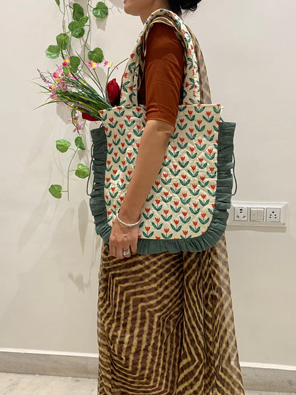 Quilted Hand block Printed Tote Bag with Frill – 100% Cotton | 34x38 cm