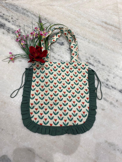 Quilted Hand block Printed Tote Bag with Frill – 100% Cotton | 34x38 cm