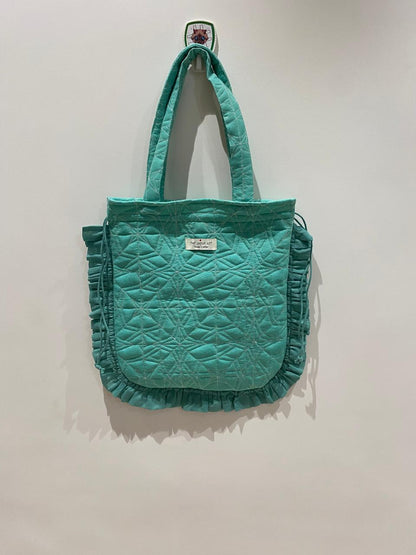Quilted Hand block Printed Tote Bag with Frill – 100% Cotton | 34x38 cm