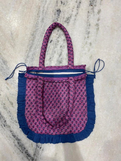 Quilted Hand block Printed Tote Bag with Frill – 100% Cotton | 34x38 cm