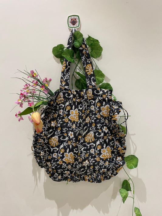 Hand block Cotton Tote Bag – Black & Mustard Floral with Frill | 34x38 cm