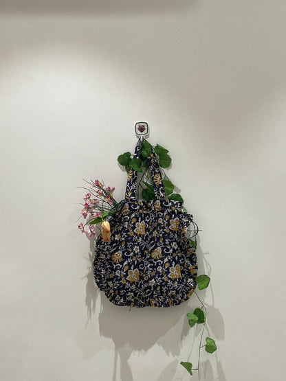Hand block Cotton Tote Bag – Black & Mustard Floral with Frill | 34x38 cm