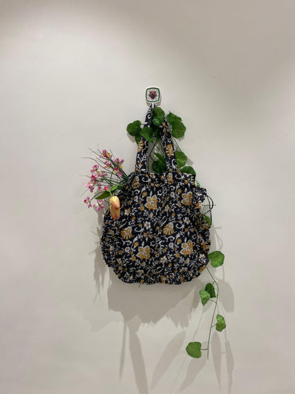 Hand block Cotton Tote Bag – Black & Mustard Floral with Frill | 34x38 cm