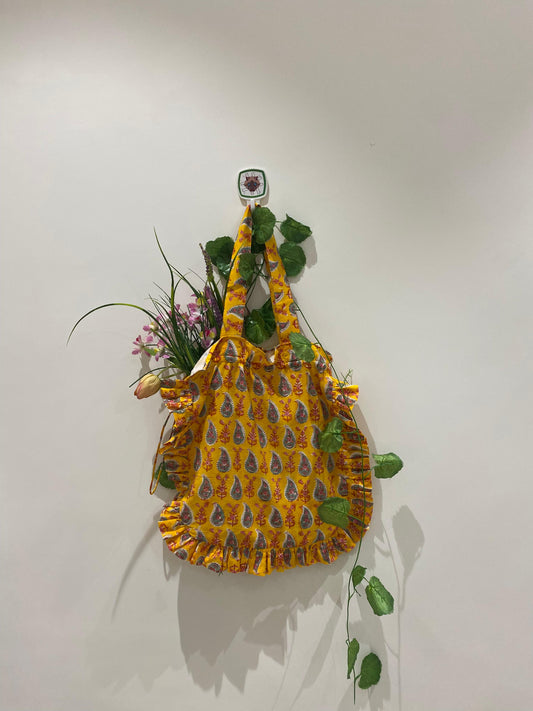 Hand block Cotton Tote Bag – Yellow Paisley Floral with Frill | 34x38 cm