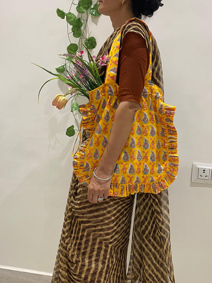 Hand block Cotton Tote Bag – Yellow Paisley Floral with Frill | 34x38 cm