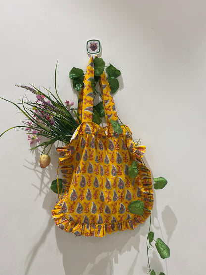 Hand block Cotton Tote Bag – Yellow Paisley Floral with Frill | 34x38 cm