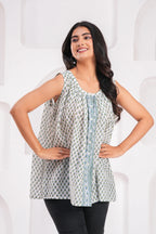 Handmade Block Floral Blue Printed Round Neck Sleeveless Cotton Blouse Top