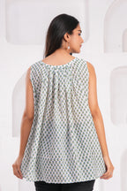 Handmade Block Floral Blue Printed Round Neck Sleeveless Cotton Blouse Top