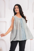 Handmade Block Floral Blue Printed Round Neck Sleeveless Cotton Blouse Top