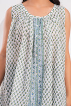 Handmade Block Floral Blue Printed Round Neck Sleeveless Cotton Blouse Top