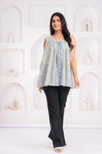 Handmade Block Floral Blue Printed Round Neck Sleeveless Cotton Blouse Top