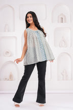 Handmade Block Floral Blue Printed Round Neck Sleeveless Cotton Blouse Top