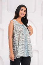Handmade Block Floral Blue Printed Round Neck Sleeveless Cotton Blouse Top