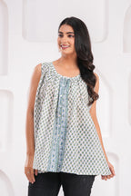 Handmade Block Floral Blue Printed Round Neck Sleeveless Cotton Blouse Top