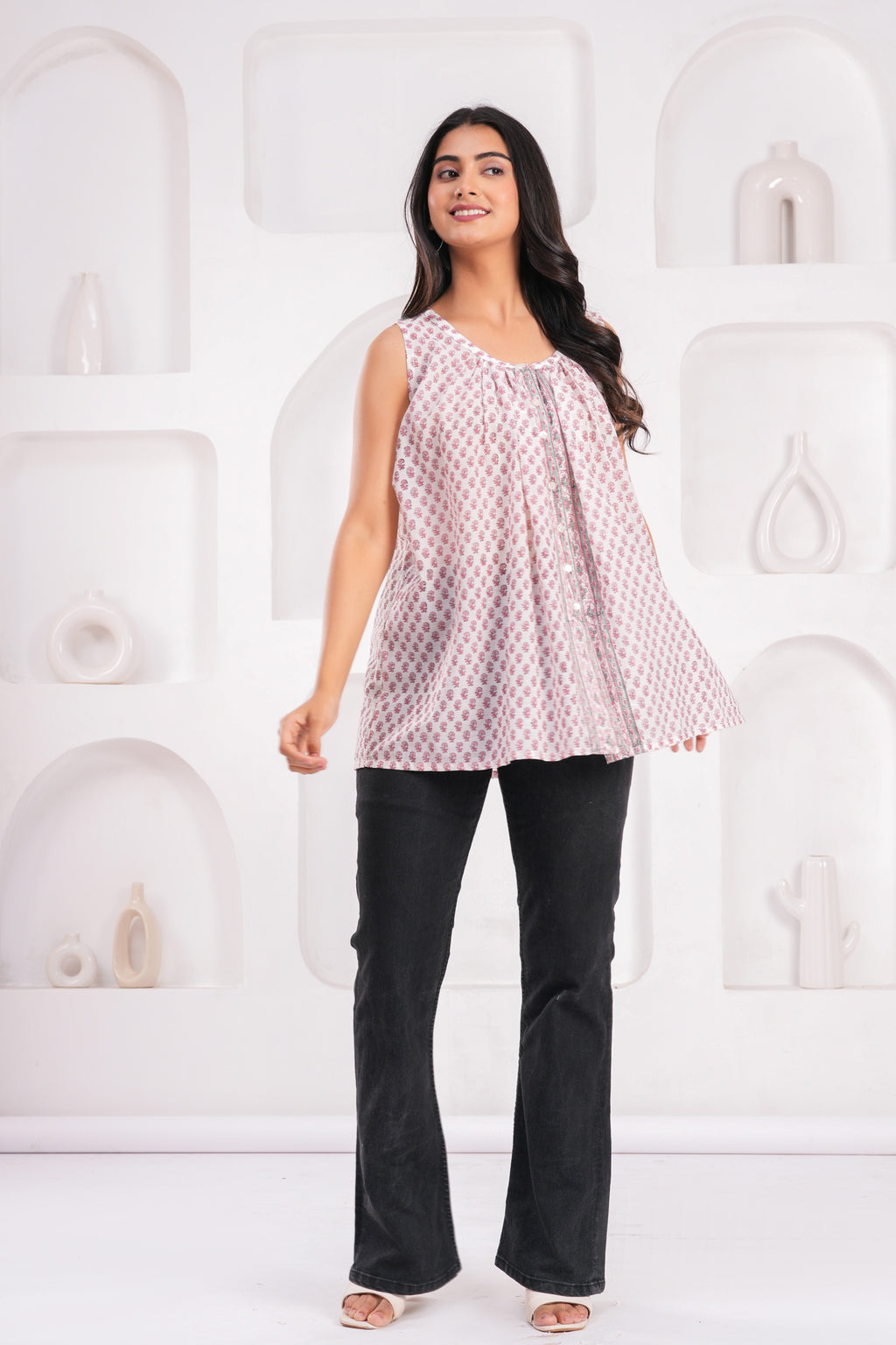 Handmade Block Floral Blue Printed Round Neck Sleeveless Cotton Blouse Top