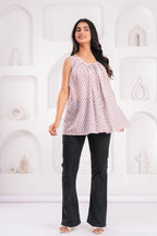 Handmade Block Floral Blue Printed Round Neck Sleeveless Cotton Blouse Top