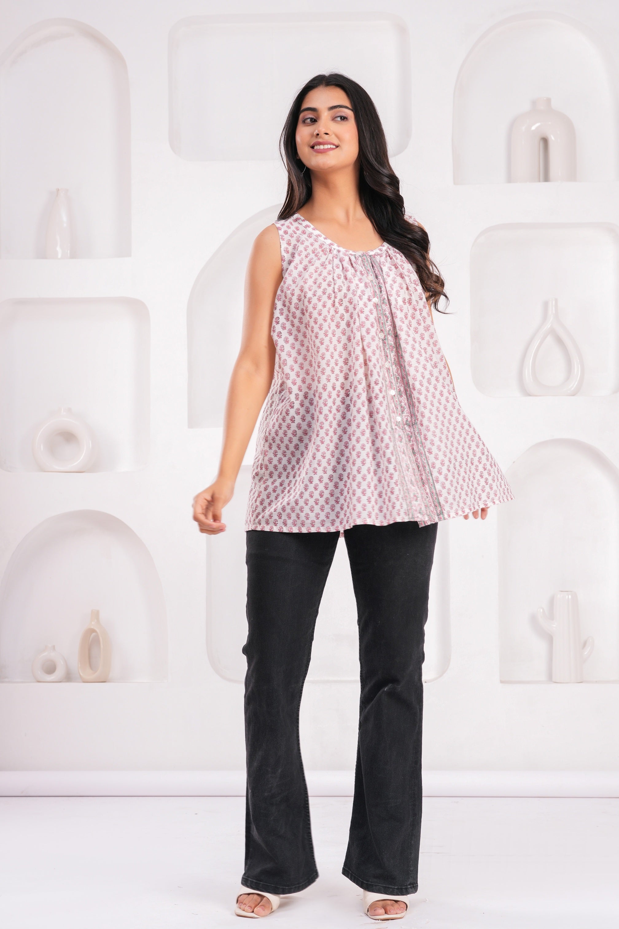 Handmade Block Floral Blue Printed Round Neck Sleeveless Cotton Blouse Top