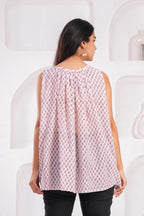 Handmade Block Floral Blue Printed Round Neck Sleeveless Cotton Blouse Top