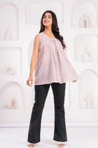 Handmade Block Floral Blue Printed Round Neck Sleeveless Cotton Blouse Top