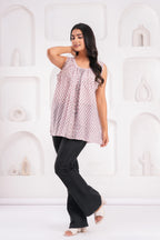 Handmade Block Floral Blue Printed Round Neck Sleeveless Cotton Blouse Top