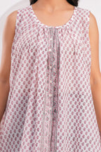 Handmade Block Floral Blue Printed Round Neck Sleeveless Cotton Blouse Top