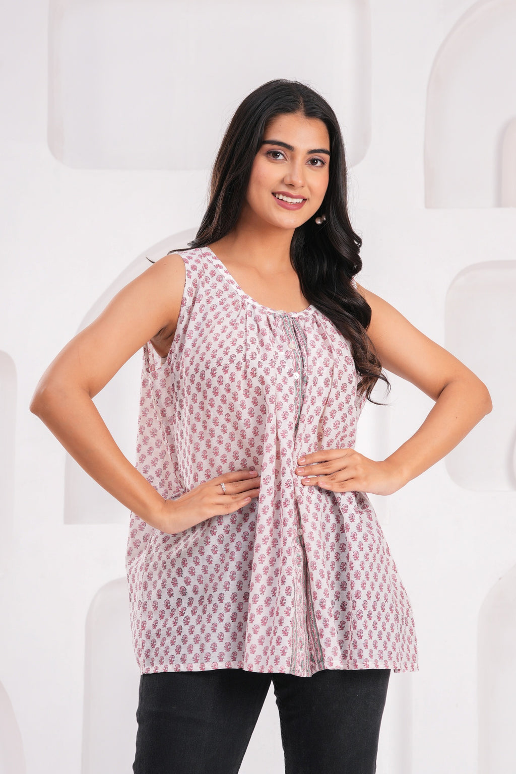 Handmade Block Floral Blue Printed Round Neck Sleeveless Cotton Blouse Top