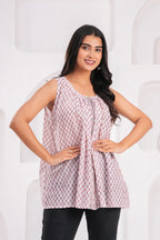 Handmade Block Floral Blue Printed Round Neck Sleeveless Cotton Blouse Top