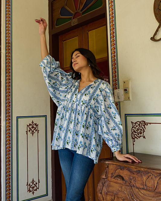 Hand Block Printed Cotton Peplum Top V Neck with Tie Up, 3/4 Sleeves