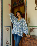 Hand Block Printed Cotton Peplum Top V Neck with Tie Up, 3/4 Sleeves