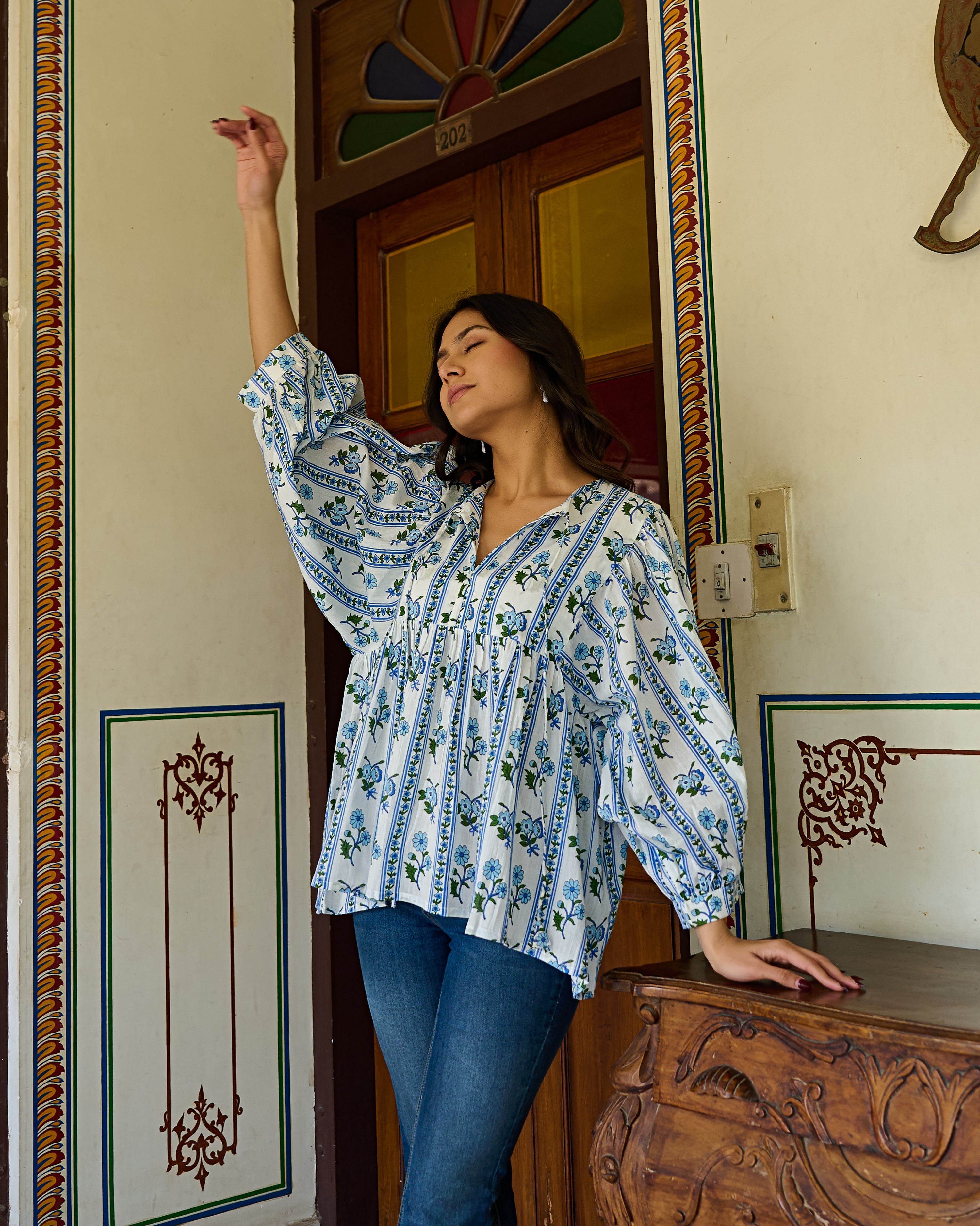 Hand Block Printed Cotton Peplum Top V Neck with Tie Up, 3/4 Sleeves