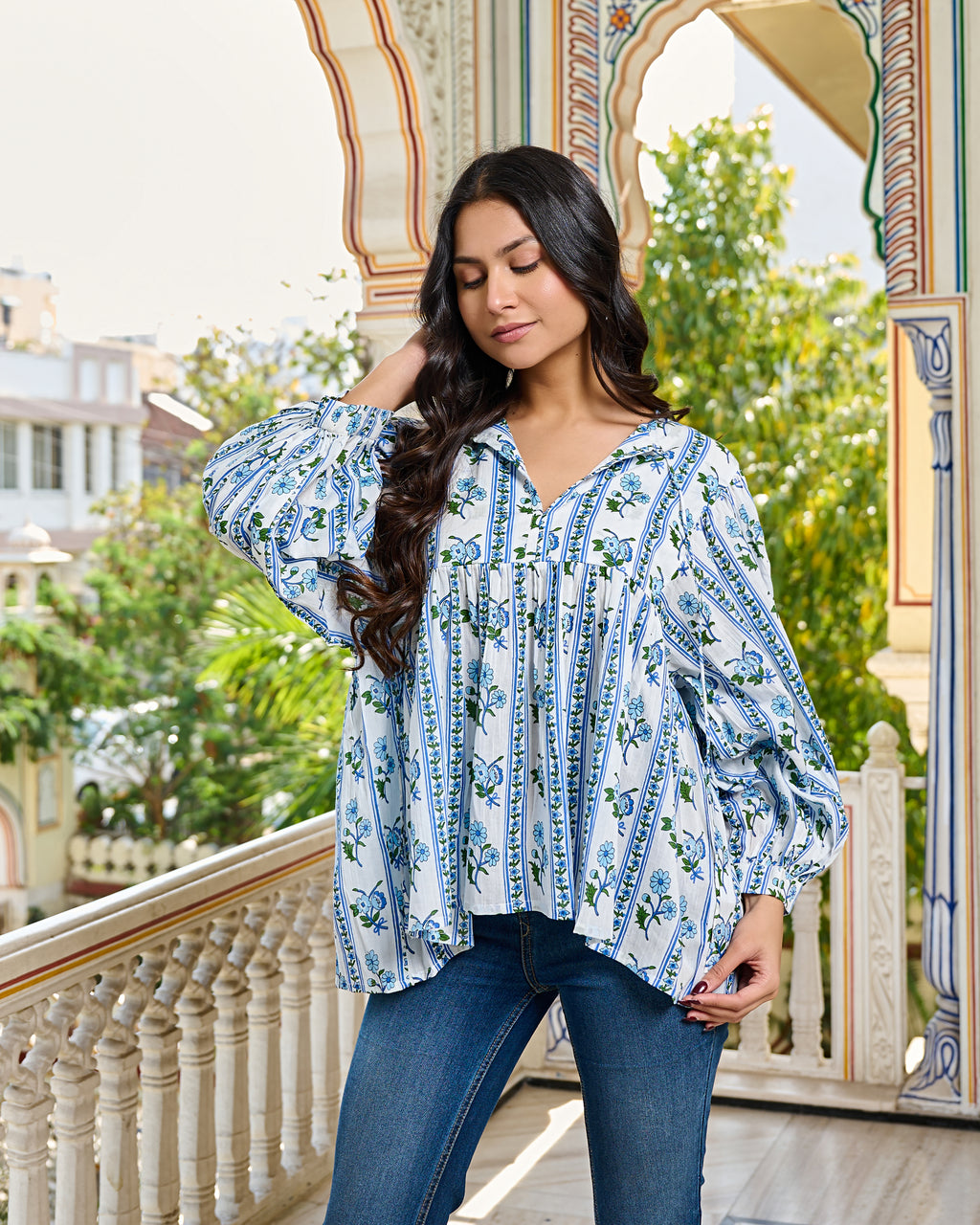 Hand Block Printed Cotton Peplum Top V Neck with Tie Up, 3/4 Sleeves