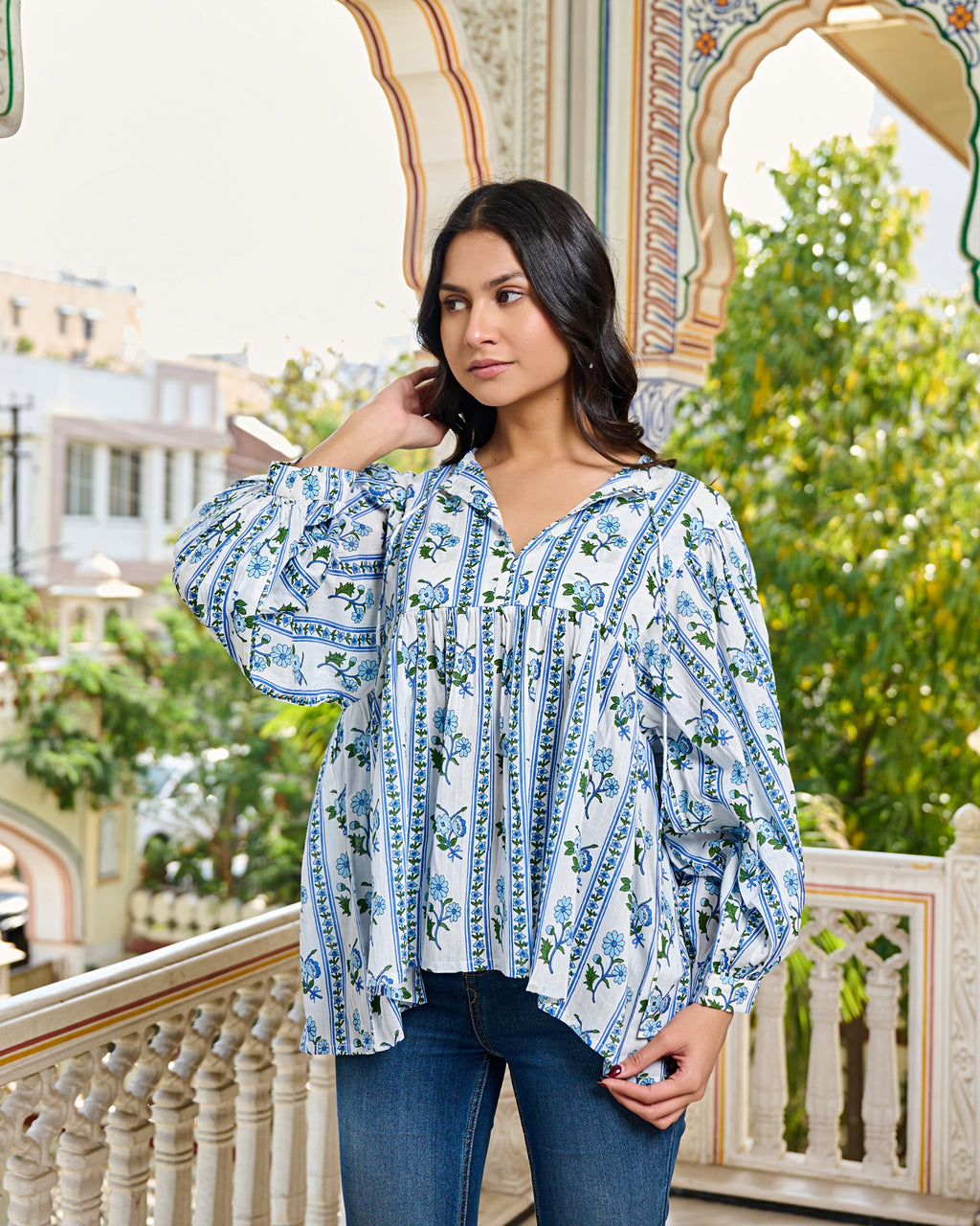 Hand Block Printed Cotton Peplum Top V Neck with Tie Up, 3/4 Sleeves
