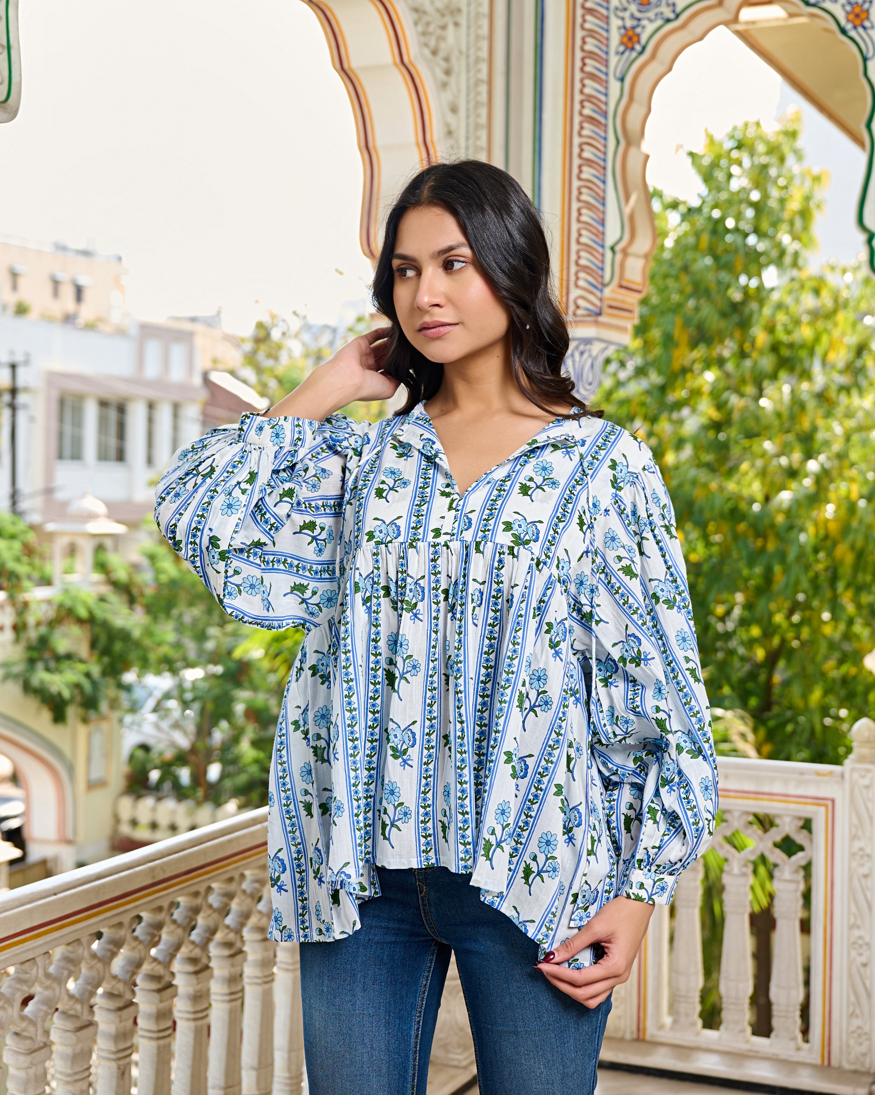 Hand Block Printed Cotton Peplum Top V Neck with Tie Up, 3/4 Sleeves