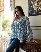 Hand Block Printed Cotton Peplum Top V Neck with Tie Up, 3/4 Sleeves