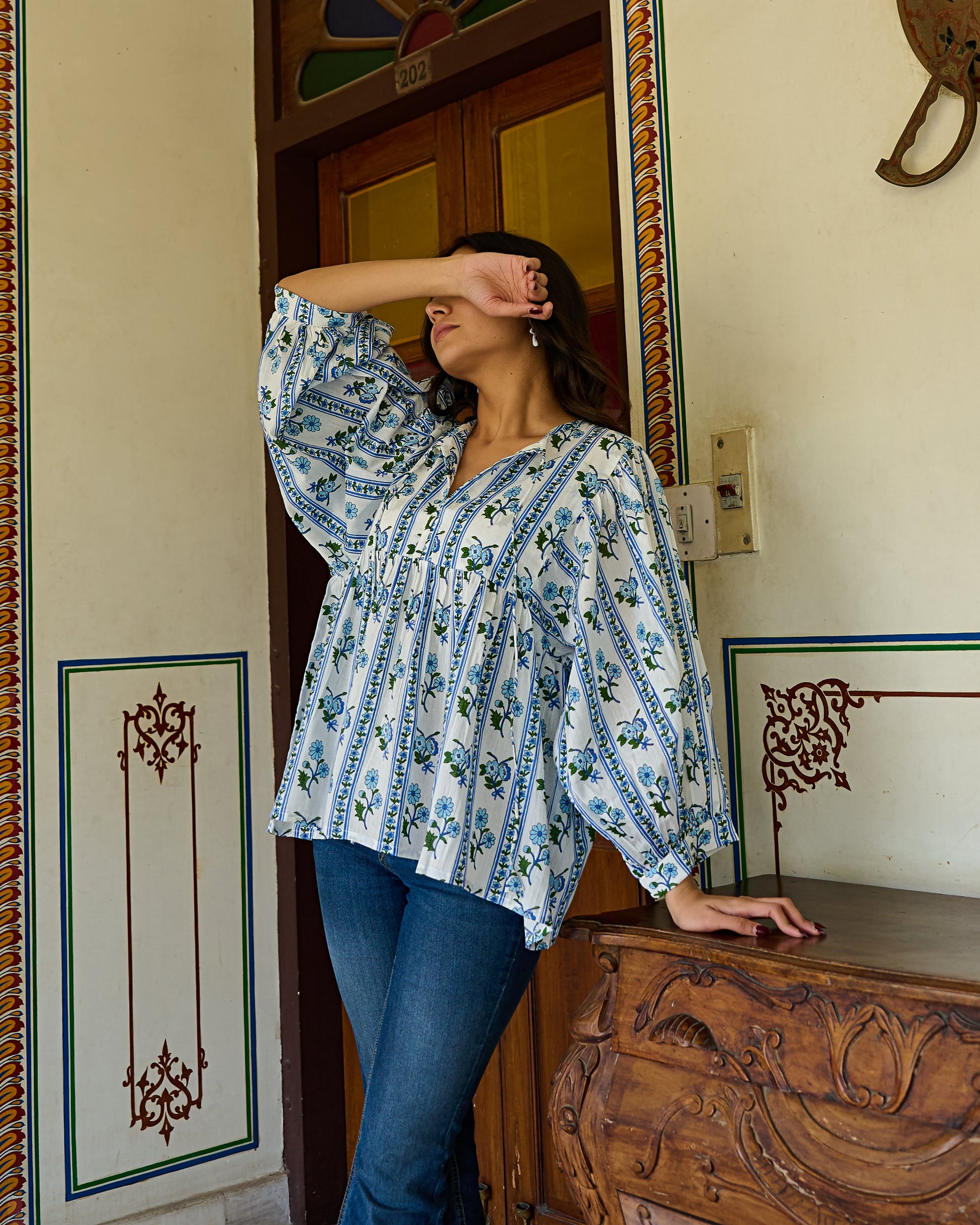 Hand Block Printed Cotton Peplum Top V Neck with Tie Up, 3/4 Sleeves