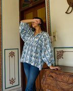 Hand Block Printed Cotton Peplum Top V Neck with Tie Up, 3/4 Sleeves
