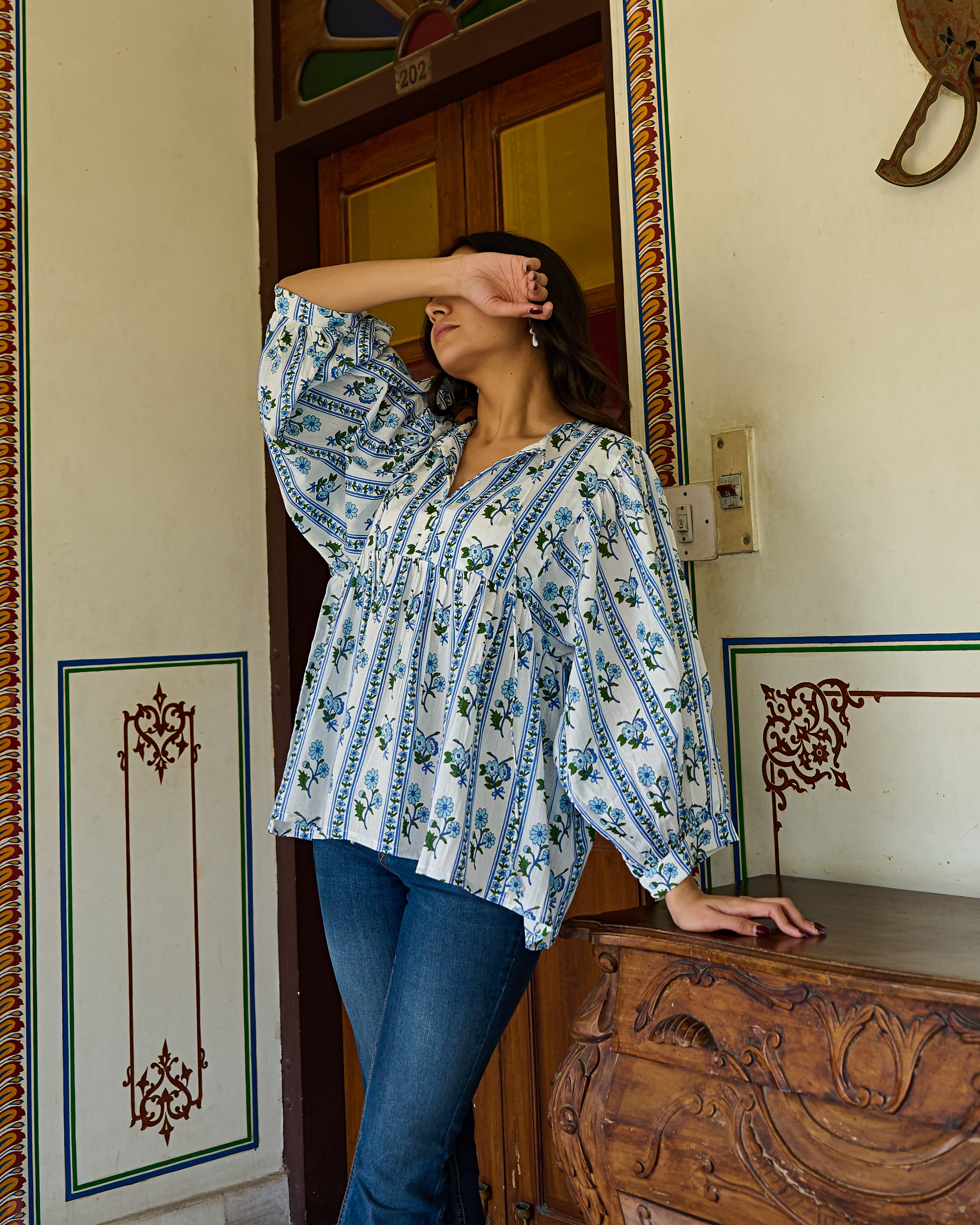 Hand Block Printed Cotton Peplum Top V Neck with Tie Up, 3/4 Sleeves