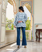 Hand Block Printed Cotton Peplum Top V Neck with Tie Up, 3/4 Sleeves