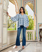 Hand Block Printed Cotton Peplum Top V Neck with Tie Up, 3/4 Sleeves
