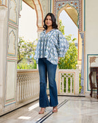 Hand Block Printed Cotton Peplum Top V Neck with Tie Up, 3/4 Sleeves