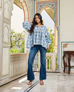 Hand Block Printed Cotton Peplum Top V Neck with Tie Up, 3/4 Sleeves