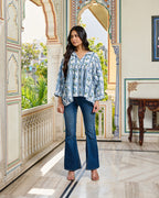 Hand Block Printed Cotton Peplum Top V Neck with Tie Up, 3/4 Sleeves