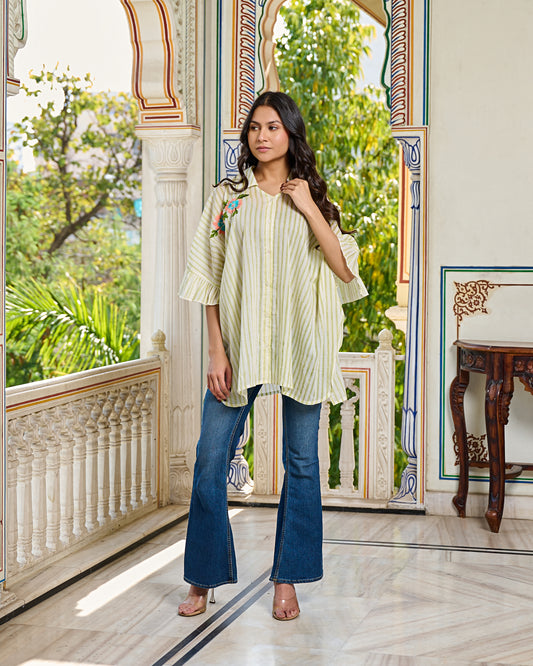 Hand Block Printed Cotton Striped Shirt Hand Embroidered Floral Detail, Ruffle Sleeves