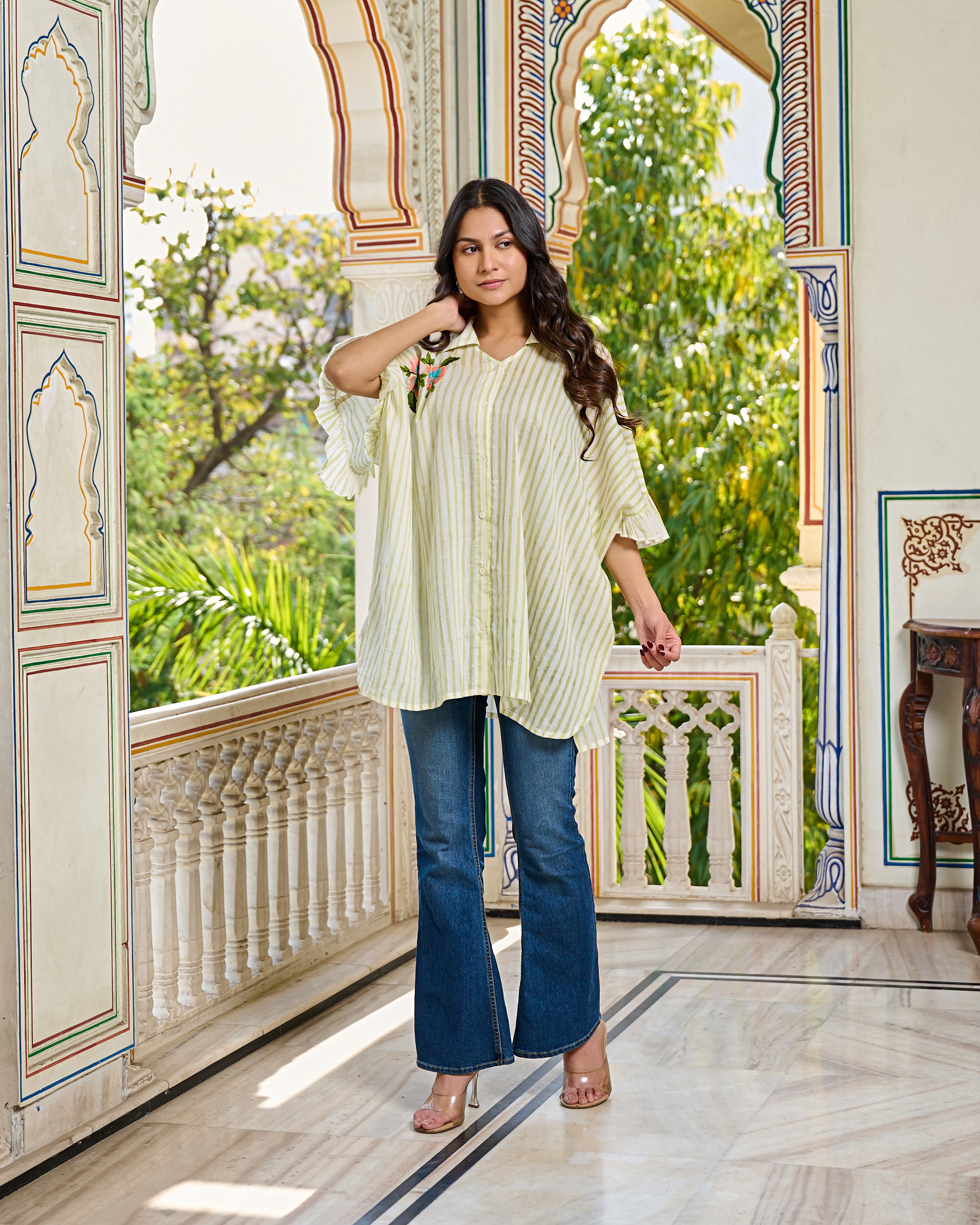 Hand Block Printed Cotton Striped Shirt Hand Embroidered Floral Detail, Ruffle Sleeves