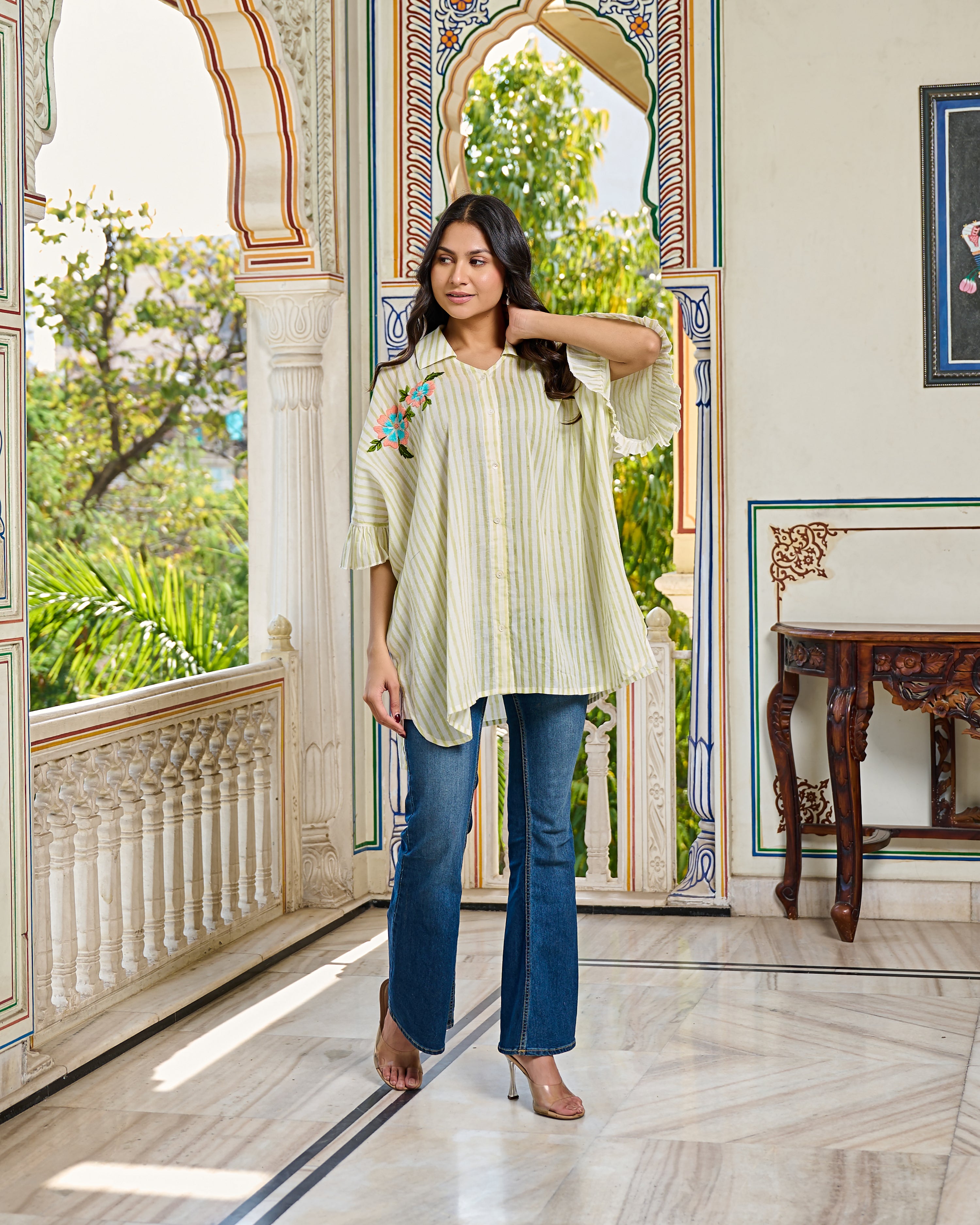 Hand Block Printed Cotton Striped Shirt Hand Embroidered Floral Detail, Ruffle Sleeves