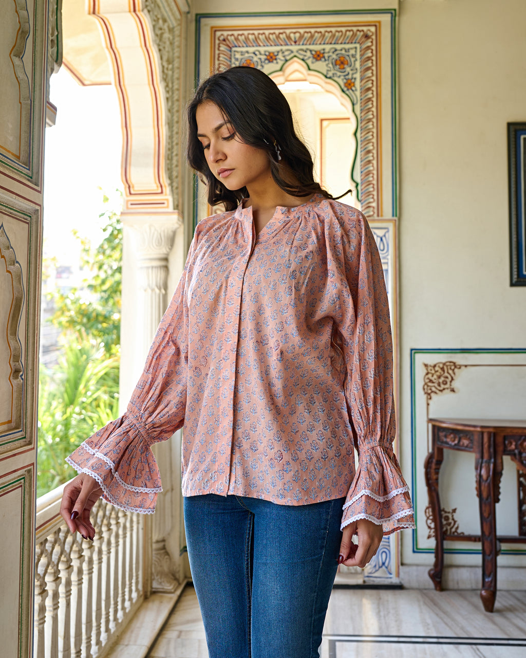 Hand Block Printed Cotton Blouse Peach, Flared Sleeves with Lace Detail