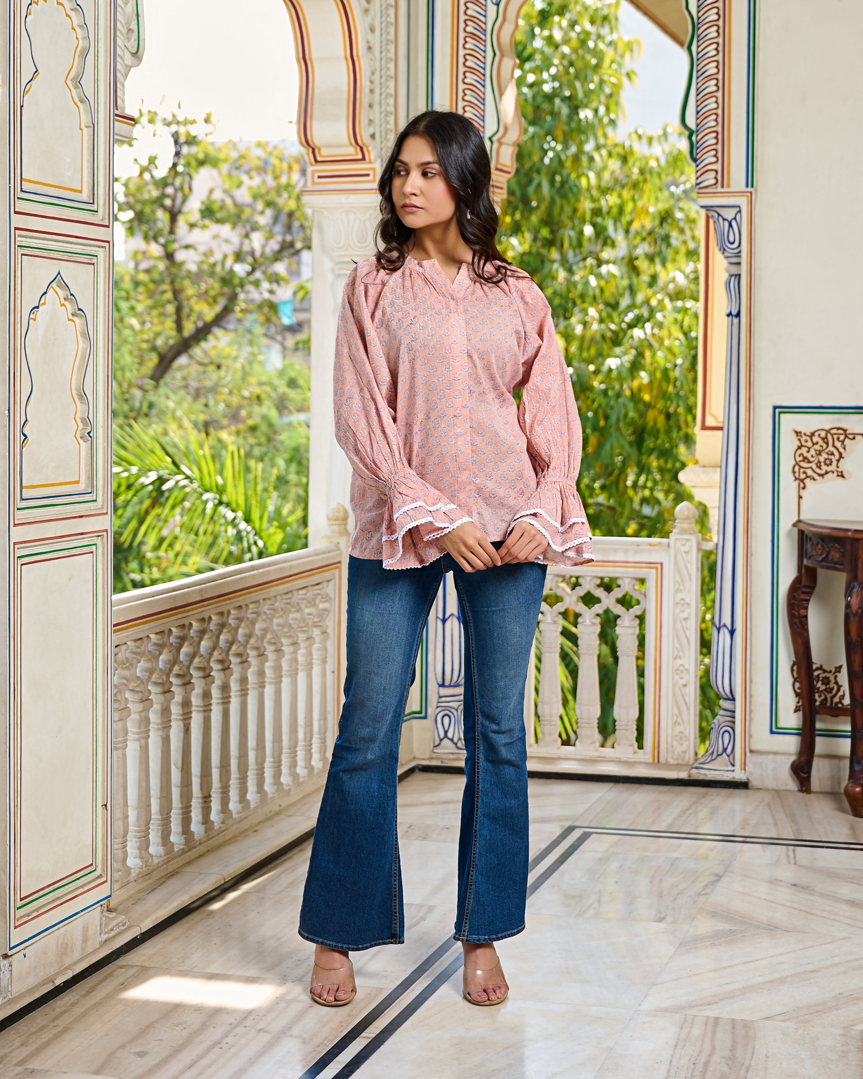Hand Block Printed Cotton Blouse Peach, Flared Sleeves with Lace Detail
